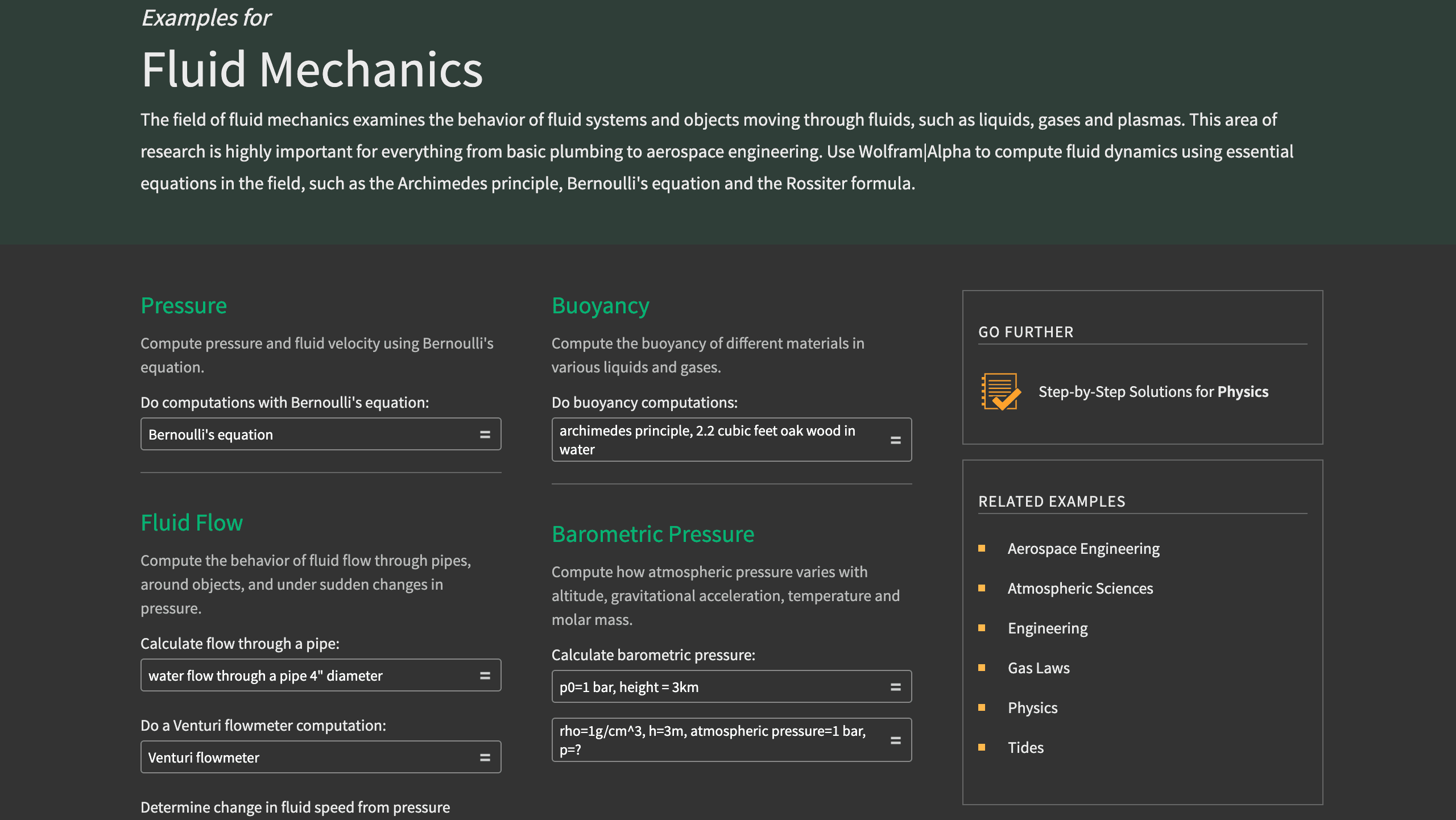 Wolfram Alpha Fluid Mechanics